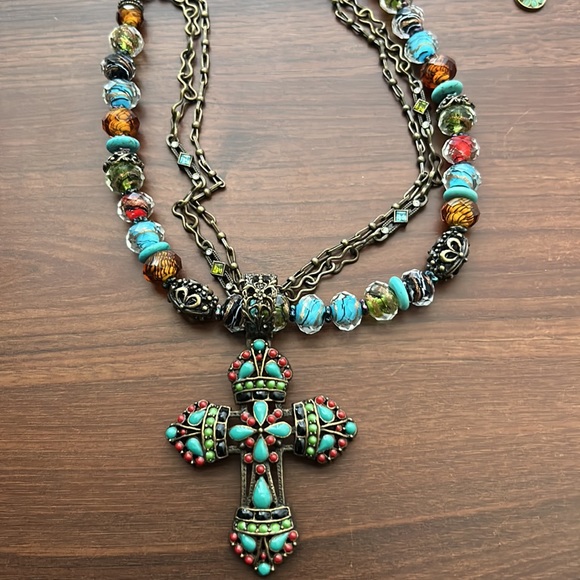 NWOT Beaded Enamel Rhinestone Cross Statement Necklace - Designer Sweet Romance - Picture 5 of 10